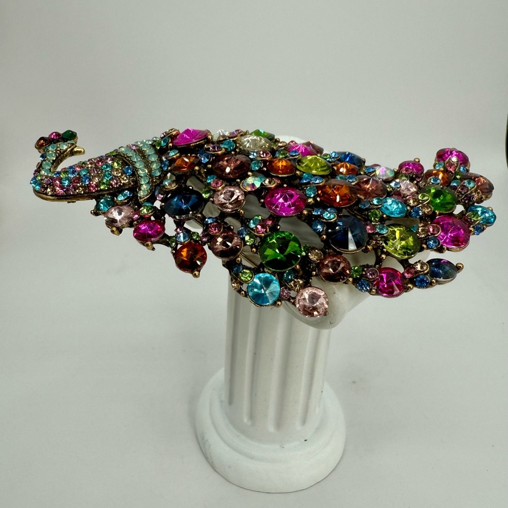 Kirk’s Folly Large Multicolor Rhinestone Peacock Brooch Pin/Pendant 5” Statement - Picture 9 of 17
